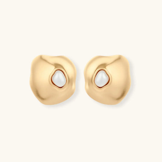 Fluid Form Pearl Studs gold eco-zinc discs with pearl resin center and S925 posts from Najera Studio
