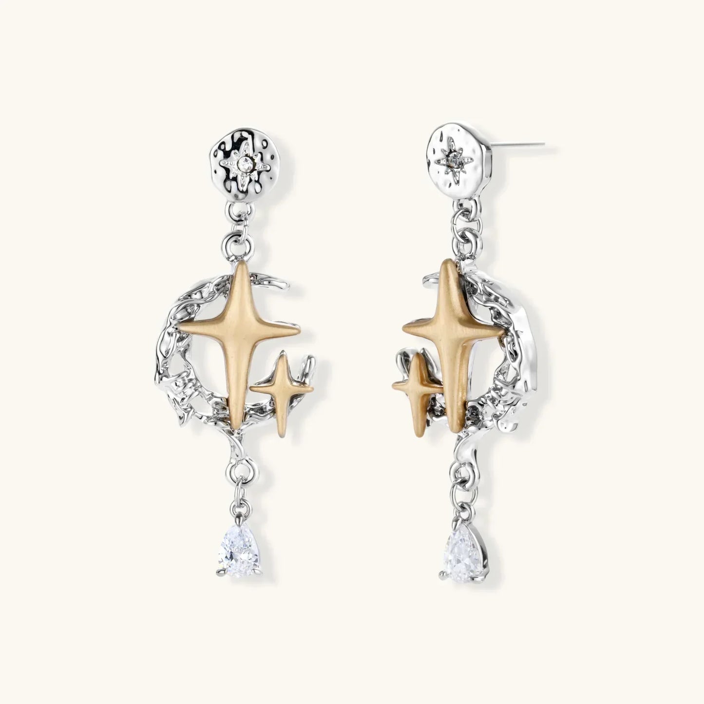 Celestial Star Drops mixed-metal earrings with hammered silver, gold star, silver vines, and pear-cut zirconia by Najera Studio
