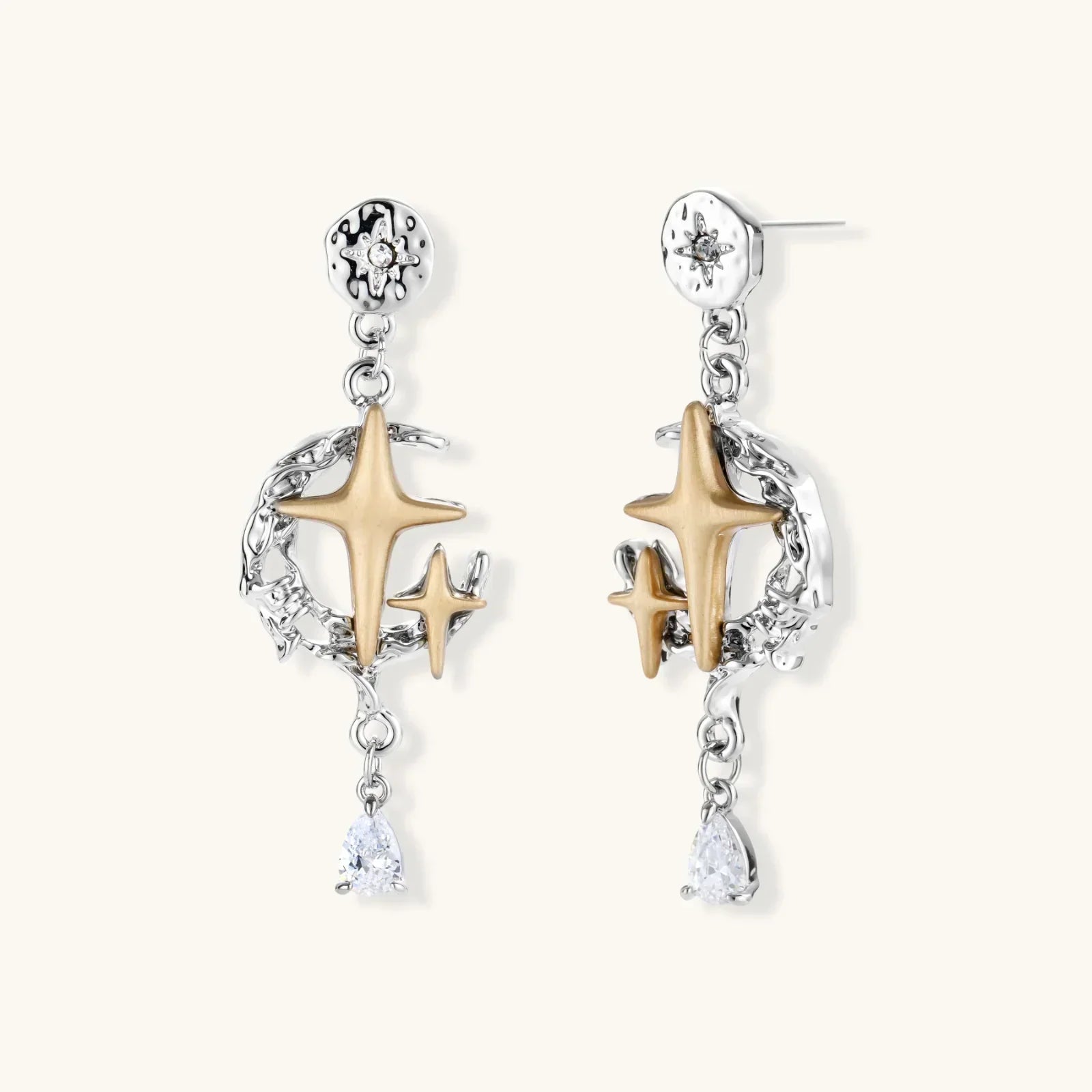 Celestial Star Drops mixed-metal earrings with hammered silver, gold star, silver vines, and pear-cut zirconia by Najera Studio