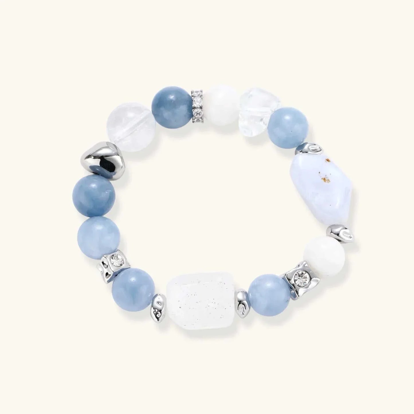 Serenity Healing Bracelet featuring aquamarine and white quartz beads with hammered silver spacers from Najera Studio