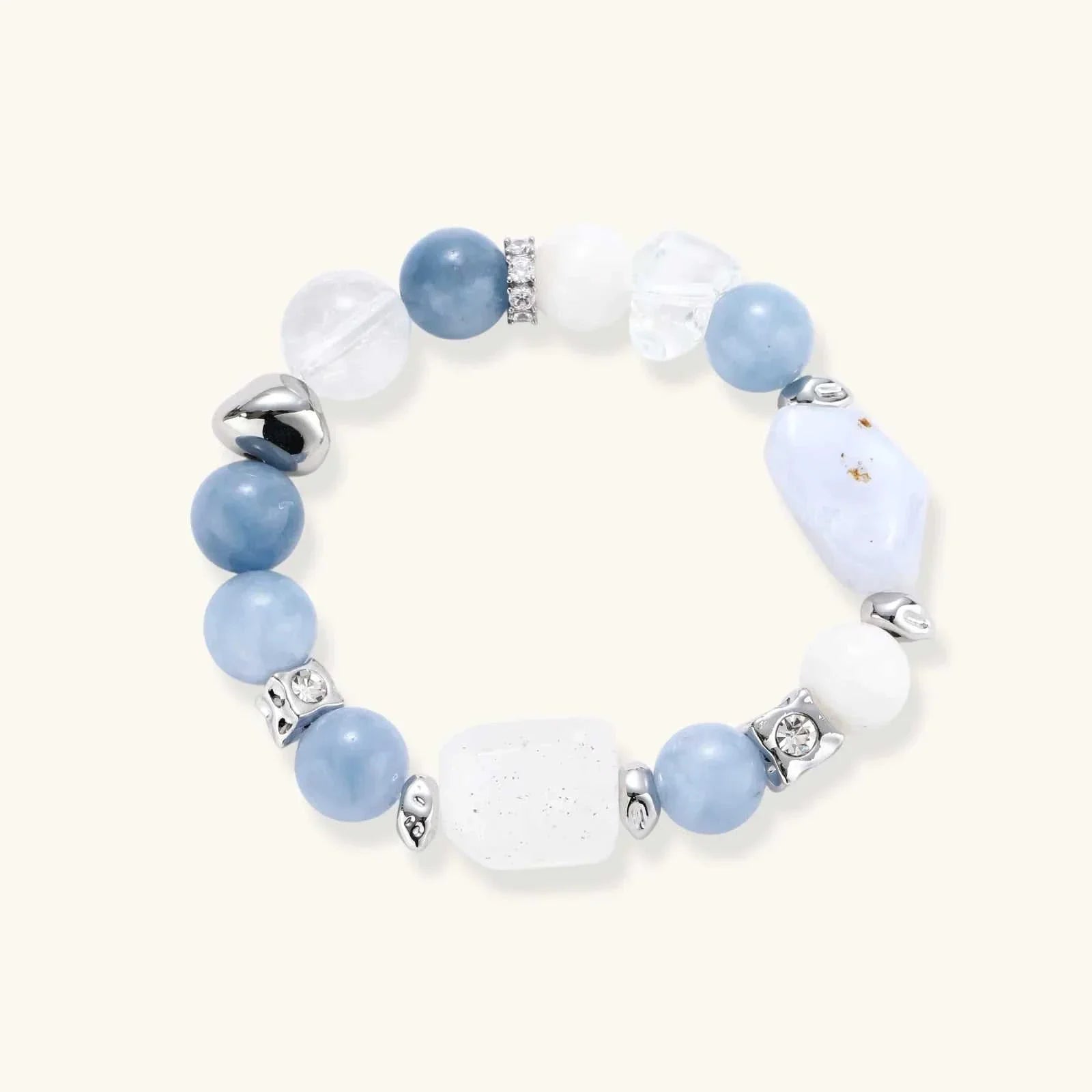 Serenity Healing Bracelet featuring aquamarine and white quartz beads with hammered silver spacers from Najera Studio