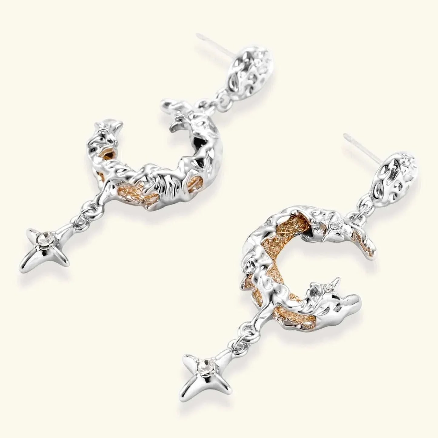 Celestial Moon Star Earrings by Najera Studio featuring silver-tone crescent moons with golden mesh centers and small star accents