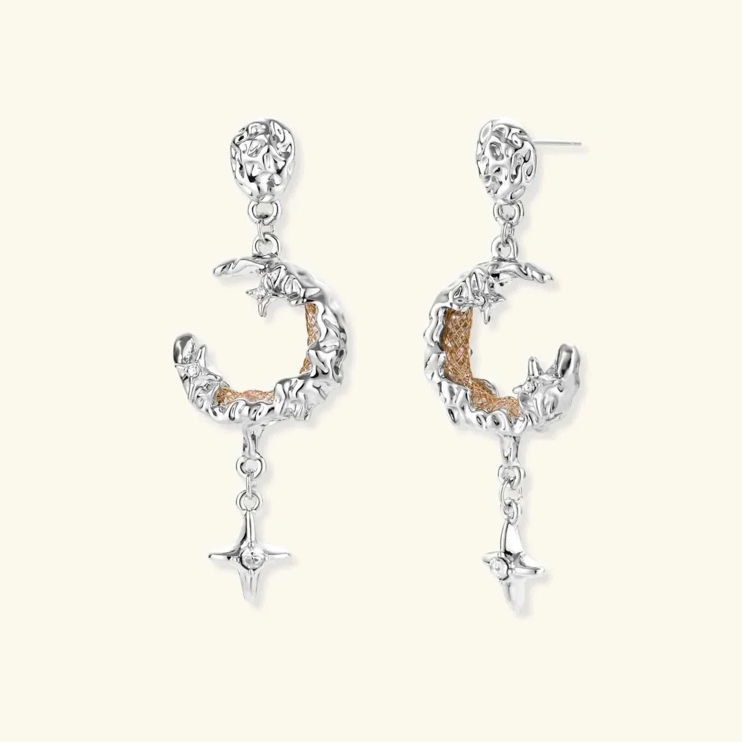 Celestial Moon Star Earrings silver crescent moon drops with golden mesh and star detail by Najera Studio