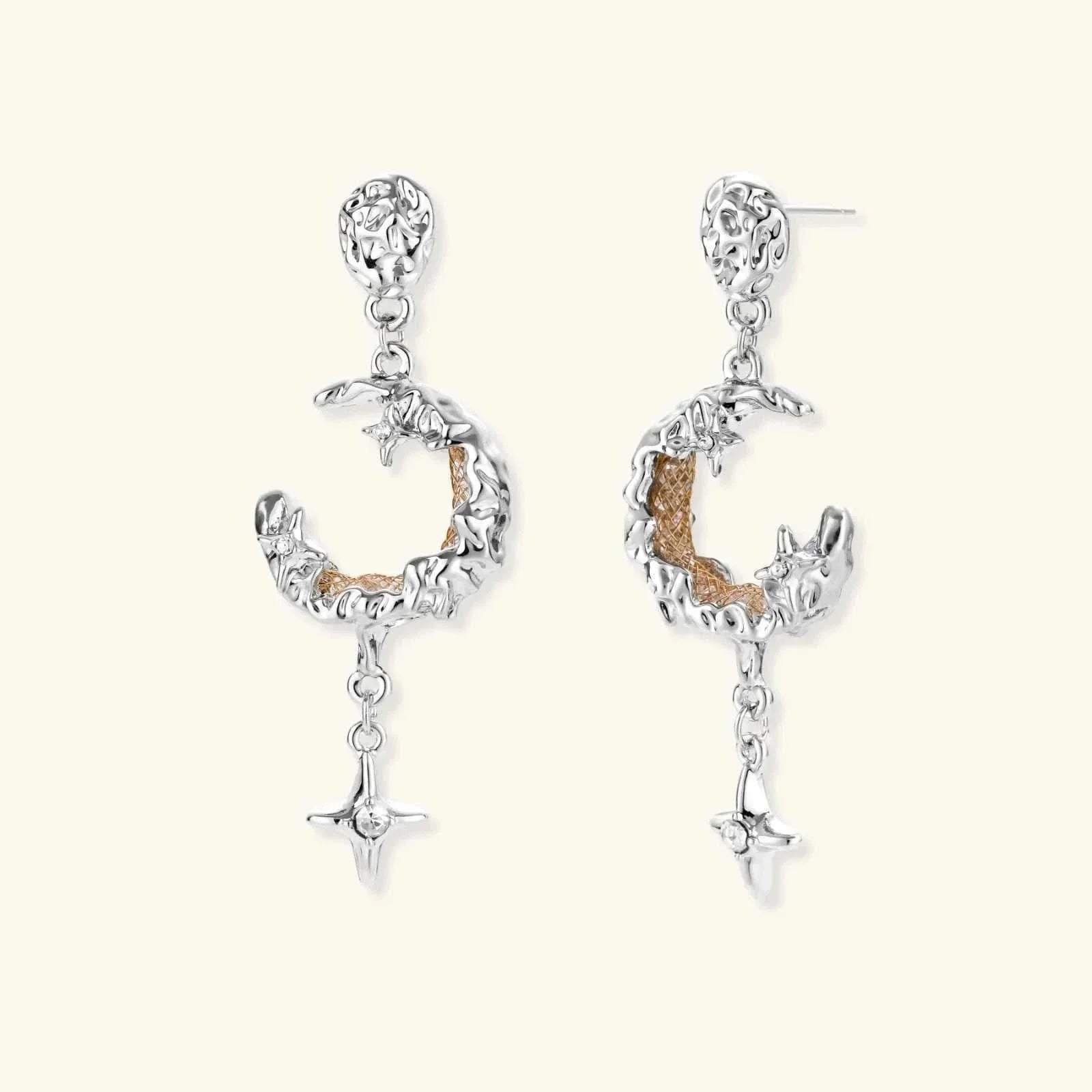 Celestial Moon Star Earrings silver crescent moon drops with golden mesh and star detail by Najera Studio