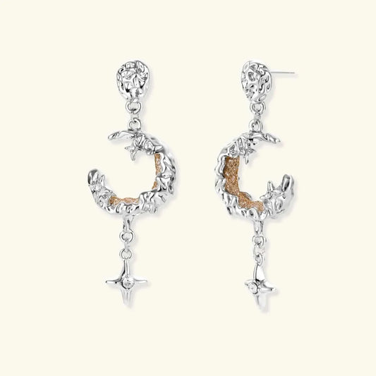 Celestial Moon Star Earrings silver crescent moon drops with golden mesh and star detail by Najera Studio