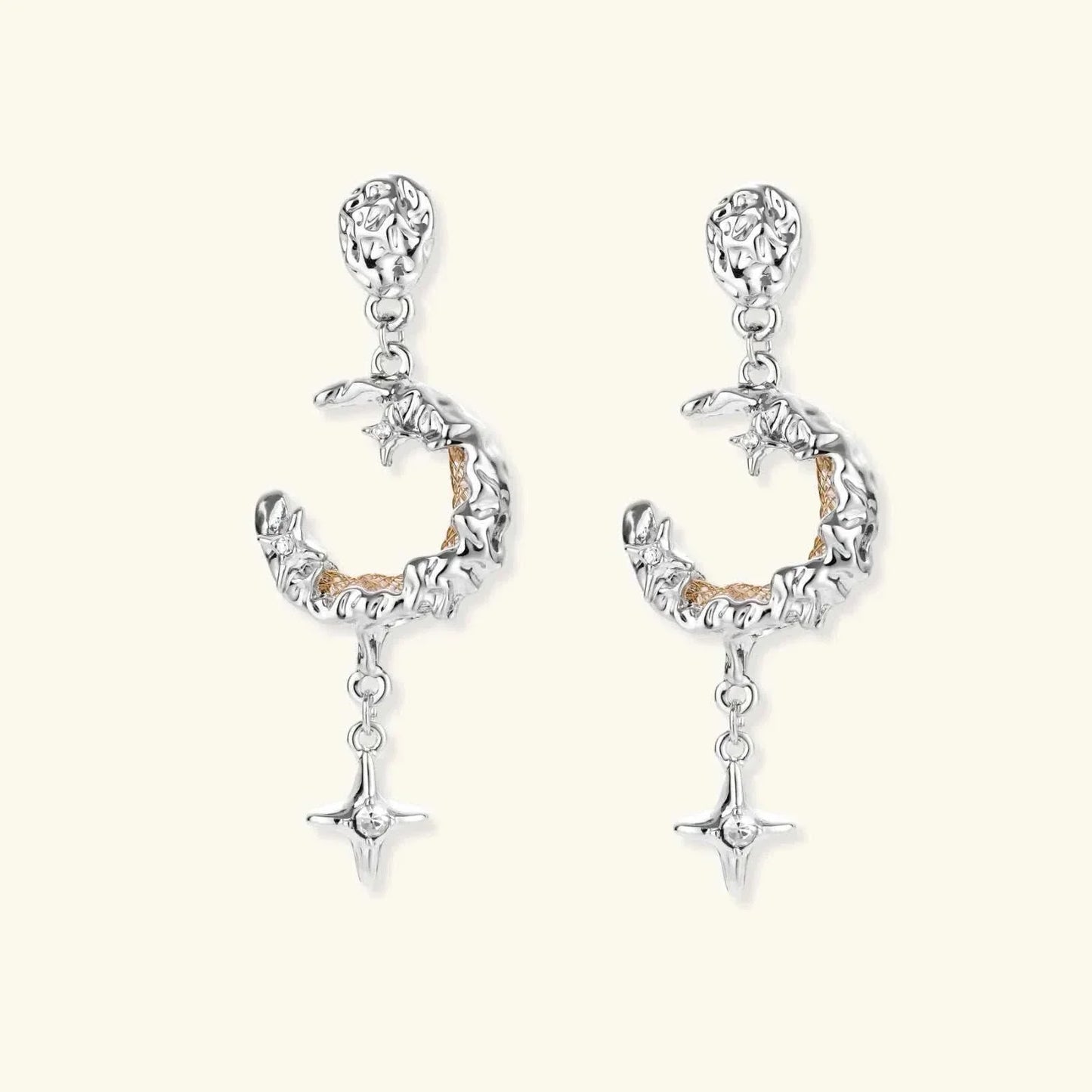 Celestial Moon Star Earrings with silver crescent moon, golden mesh center, and tiny star detail by Najera Studio