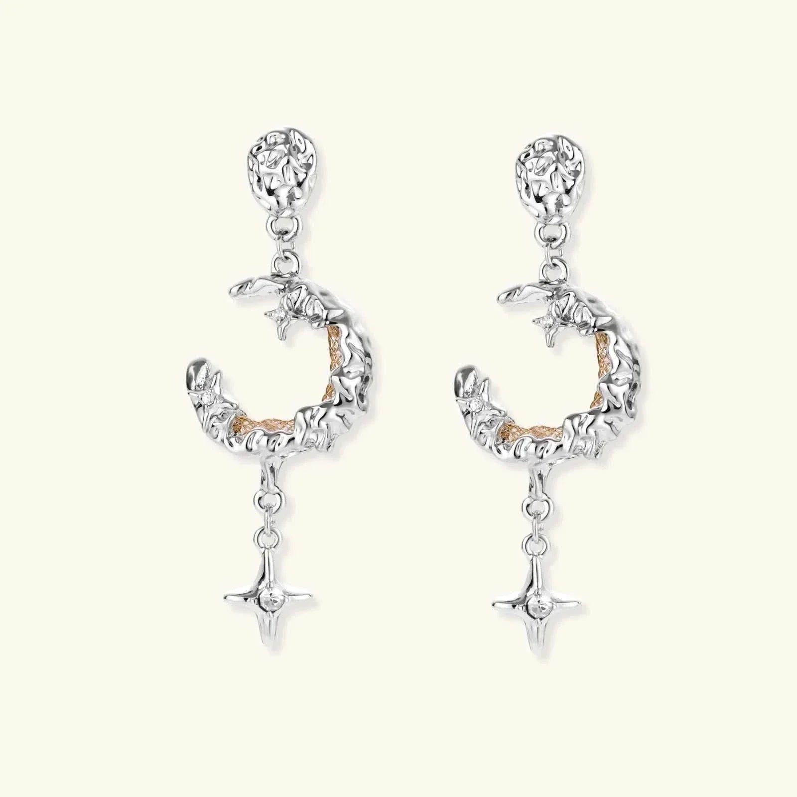 Celestial Moon Star Earrings with silver crescent moon, golden mesh center, and tiny star detail by Najera Studio