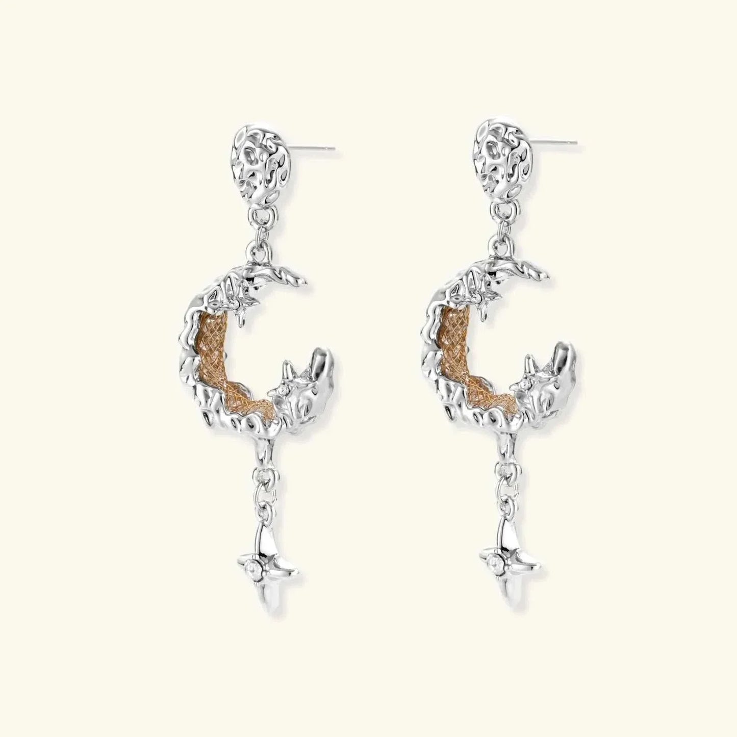 Celestial moon star earrings with textured silver-tone studs, hammered eco-brass crescent moons, golden mesh centers, and small four-point stars by Najera Studio