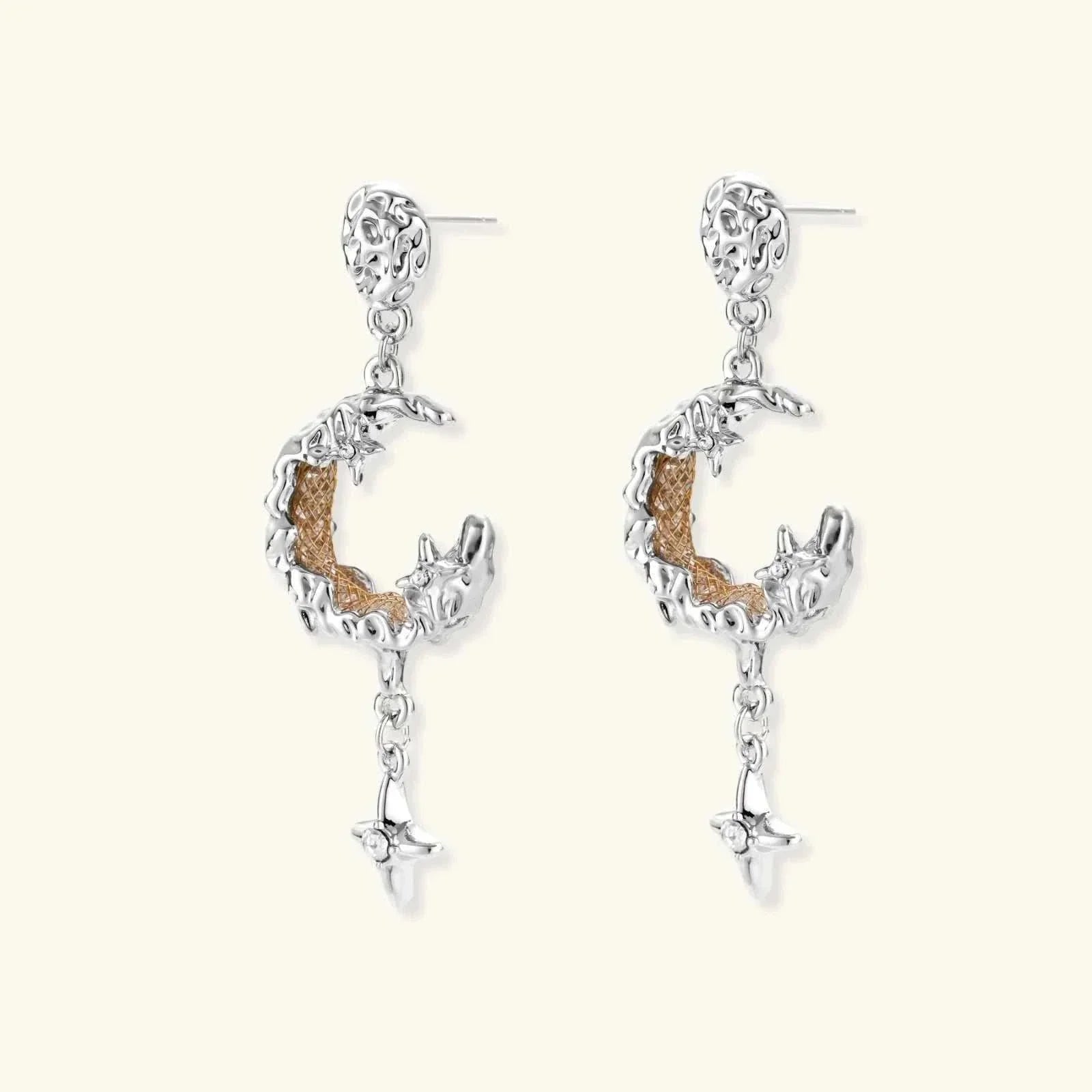 Celestial moon star earrings with textured silver-tone studs, hammered eco-brass crescent moons, golden mesh centers, and small four-point stars by Najera Studio