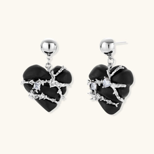 Black wood Thorned Heart Earrings with silver veins and zirconia accents by Najera Studio