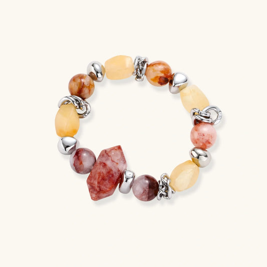 Autumn Glow Bracelet with honey citrine, rose quartz, and red quartz centerpiece on polished silver-tone links