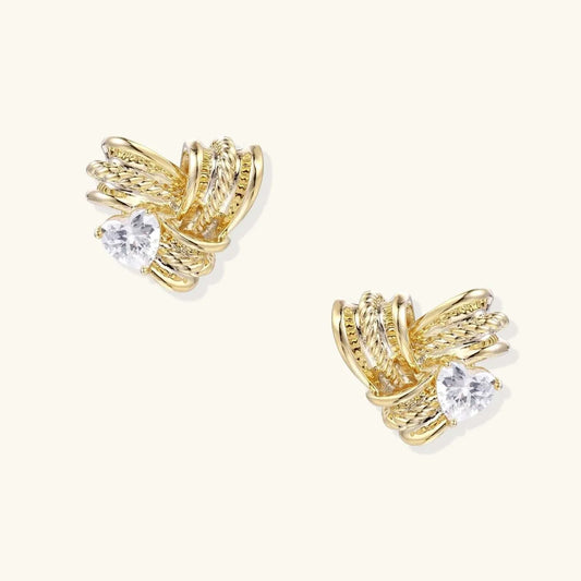 Golden Wings Studs twisted gold rope design with heart-cut zirconia from Najera Studio