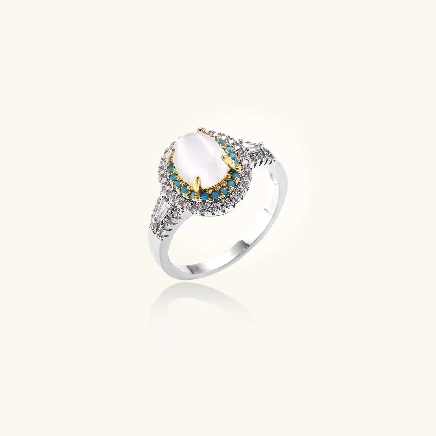 Mystic Halo Ring white gold plated with cat's eye and turquoise-blue stones from Najera Studio