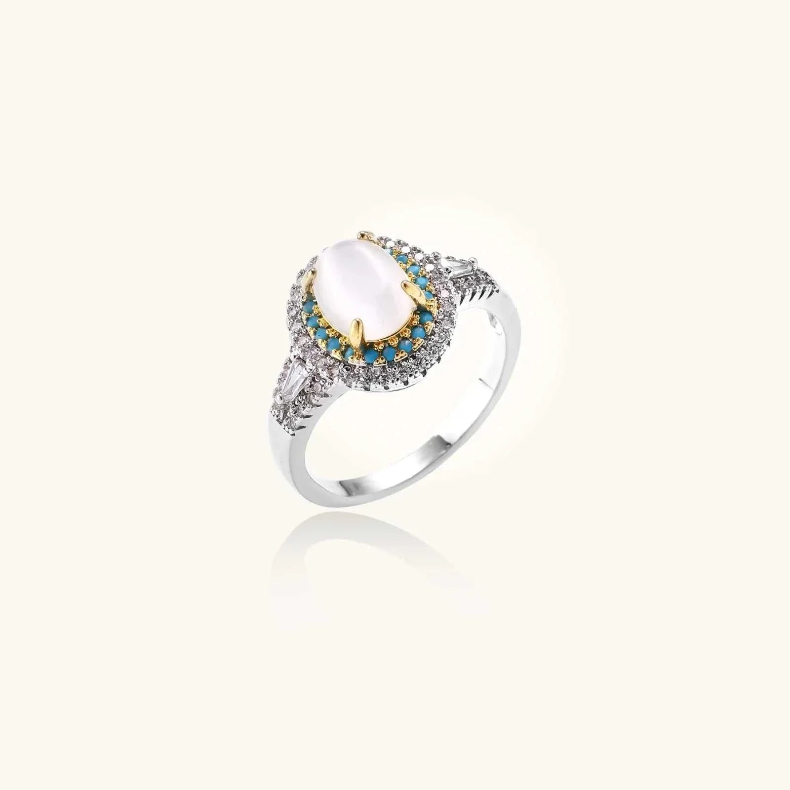 Mystic Halo Ring white gold plated with cat's eye and turquoise-blue stones from Najera Studio