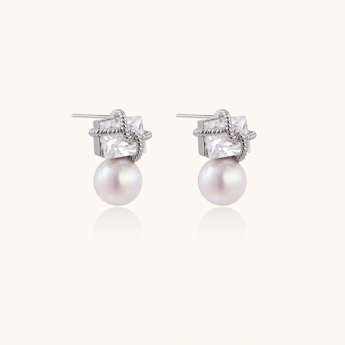 Stardust Pearl Drop Earrings with square crystal and freshwater pearl by Najera Studio