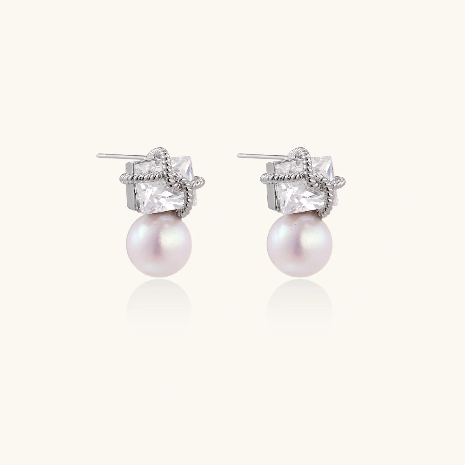 Stardust Pearl Drop Earrings with square crystal and freshwater pearl by Najera Studio