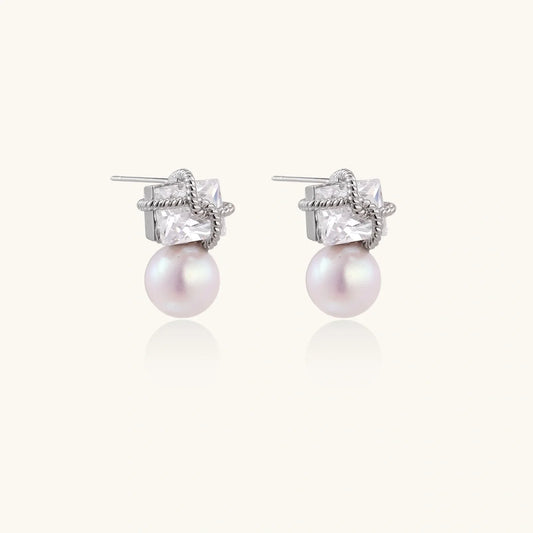 Stardust Pearl Drop Earrings with square crystal and freshwater pearl by Najera Studio